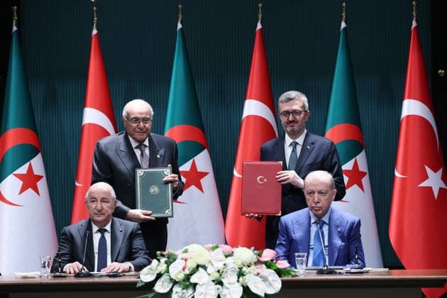 Bilateral agreements signed between Turkiye and Algeria ANKARA, TURKIYE - MAY 07: (----EDITORIAL USE ONLY - MANDATORY CREDIT - TURKISH PRESIDENCY MURAT CETINMUHURDAR HANDOUT - NO MARKETING NO ADVERTISING CAMPAIGNS - DISTRIBUTED AS A SERVICE TO CLIENTS----) Turkish President Recep Tayyip Erdogan and Algerian President Abdelmadjid Tebboune attend the signing ceremony of bilateral agreements at the Presidential Complex in Ankara, Turkiye on May 07, 2026. The Memorandum of Understanding on Cooperation in the Field of Combating Disinformation in the Media was signed by the Turkish Presidential Communications Director Burhanettin Duran and the Algerian Foreign Minister Ahmed Attaf. Turkish Presidency Murat Cetinmuhurdar Handout Anadolu  Copyright: x2026xAnadoluxTurkishxPresidency xMuratxCetinmuhurdarx xHandoutx
