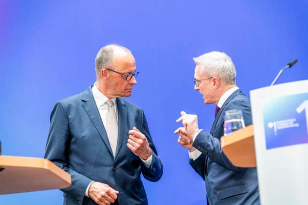 Friedrich Merz Karsten Wildberger EUR, Germany, Berlin, 07 05 2026 Greeting by Federal Chancellor Friedrich Merz CDU at the festive event of the Federal Ministry for Digital and State Modernization on the occasion of its first anniversary In the presence of Karsten Wildberger CDU , Federal Minister for Digital and State Modernization Joint visit of