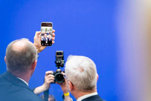 Friedrich Merz Karsten Wildberger EUR, Germany, Berlin, 07 05 2026 Greeting by Federal Chancellor Friedrich Merz CDU at the festive event of the Federal Ministry for Digital and State Modernization on the occasion of its first anniversary In the presence of Karsten Wildberger CDU , Federal Minister for Digital and State Modernization Joint visit of