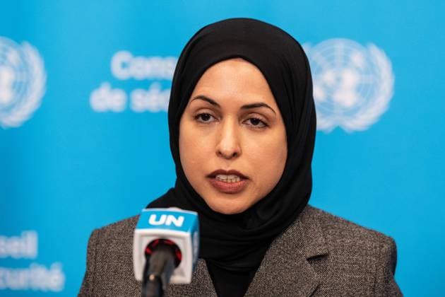 May 7, 2026, New York, New York, USA: Ambassador Alya Ahmed Saif Al-Thani of Qatar speaks during joint press briefing by Ambassador Jamal Fares Alrowaiei of Bahrain and Ambassador Michael Waltz of USA at UN Headquarters in New York, NY on May 7, 2026. They were joined by Ambassadors Mohamed Issa Abushahab of UAE, Abdulaziz M. Alwasil of Saudi Arabia, Alya Ahmed Saif Al-Thani of Qatar and Tareq M. A. M. Albanai Kuwait. They introduced draft resolution for the Security Council to force Iran to uphold freedom of navigation and trade in the Strait of Hormuz. Draft resolution was introduced after Iran is trying to force shippers to comply with a new protocol for transiting the Strait of Hormuz by paying fees or risk attack by Iranian navy. New - ZUMAr339 20260507_znp_r339_048 Copyright: xLevxRadinx