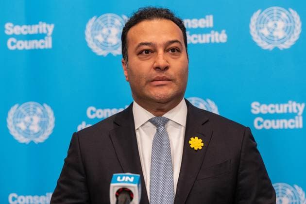 May 7, 2026, New York, New York, USA: Ambassador Tareq M. A. M. Albanai of Kuwait speaks during joint press briefing by Ambassador Jamal Fares Alrowaiei of Bahrain and Ambassador Michael Waltz of USA at UN Headquarters in New York, NY on May 7, 2026. They were joined by Ambassadors Mohamed Issa Abushahab of UAE, Abdulaziz M. Alwasil of Saudi Arabia, Alya Ahmed Saif Al-Thani of Qatar and Tareq M. A. M. Albanai of Kuwait. They introduced draft resolution for the Security Council to force Iran to uphold freedom of navigation and trade in the Strait of Hormuz. Draft resolution was introduced after Iran is trying to force shippers to comply with a new protocol for transiting the Strait of Hormuz by paying fees or risk attack by Iranian navy. Ne - ZUMAr339 20260507_znp_r339_053 Copyright: xLevxRadinx