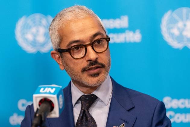 May 7, 2026, New York, New York, USA: Ambassador Mohamed Issa Abushahab of UAE speaks during joint press briefing by Ambassador Jamal Fares Alrowaiei of Bahrain and Ambassador Michael Waltz of USA at UN Headquarters in New York, NY on May 7, 2026. They were joined by Ambassadors Mohamed Issa Abushahab of UAE, Abdulaziz M. Alwasil of Saudi Arabia, Alya Ahmed Saif Al-Thani of Qatar and Tareq M. A. M. Albanai Kuwait. They introduced draft resolution for the Security Council to force Iran to uphold freedom of navigation and trade in the Strait of Hormuz. Draft resolution was introduced after Iran is trying to force shippers to comply with a new protocol for transiting the Strait of Hormuz by paying fees or risk attack by Iranian navy. New York - ZUMAr339 20260507_znp_r339_047 Copyright: xLevxRadinx