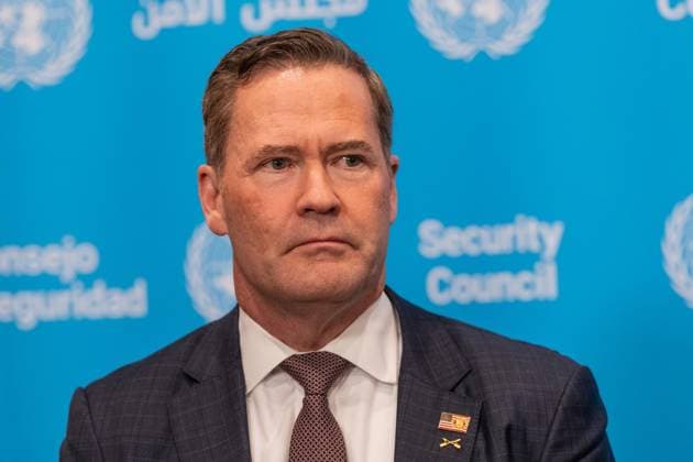 May 7, 2026, New York, New York, USA: Ambassador Michael Waltz of USA attends joint press briefing with Ambassador Jamal Fares Alrowaiei of Bahrain at UN Headquarters in New York, NY on May 7, 2026. They were joined by Ambassadors Mohamed Issa Abushahab of UAE, Abdulaziz M. Alwasil of Saudi Arabia, Alya Ahmed Saif Al-Thani of Qatar and Tareq M. A. M. Albanai Kuwait. They introduced draft resolution for the Security Council to force Iran to uphold freedom of navigation and trade in the Strait of Hormuz. Draft resolution was introduced after Iran is trying to force shippers to comply with a new protocol for transiting the Strait of Hormuz by paying fees or risk attack by Iranian navy. New York USA - ZUMAr339 20260507_znp_r339_035 Copyright: xLevxRadinx