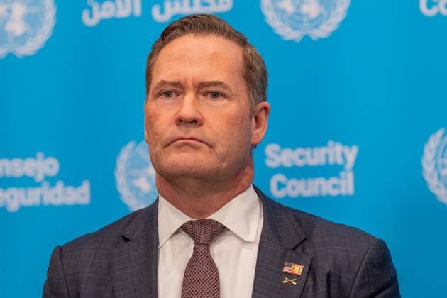May 7, 2026, New York, New York, USA: Ambassador Michael Waltz of USA attends joint press briefing with Ambassador Jamal Fares Alrowaiei of Bahrain at UN Headquarters in New York, NY on May 7, 2026. They were joined by Ambassadors Mohamed Issa Abushahab of UAE, Abdulaziz M. Alwasil of Saudi Arabia, Alya Ahmed Saif Al-Thani of Qatar and Tareq M. A. M. Albanai Kuwait. They introduced draft resolution for the Security Council to force Iran to uphold freedom of navigation and trade in the Strait of Hormuz. Draft resolution was introduced after Iran is trying to force shippers to comply with a new protocol for transiting the Strait of Hormuz by paying fees or risk attack by Iranian navy. New York USA - ZUMAr339 20260507_znp_r339_036 Copyright: xLevxRadinx