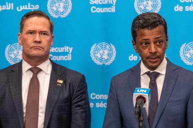 May 7, 2026, New York, New York, USA: Ambassador Jamal Fares Alrowaiei of Bahrain speaks at joint press briefing with Ambassador Michael Waltz of USA at UN Headquarters in New York, NY on May 7, 2026. They were joined by Ambassadors Mohamed Issa Abushahab of UAE, Abdulaziz M. Alwasil of Saudi Arabia, Alya Ahmed Saif Al-Thani of Qatar and Tareq M. A. M. Albanai Kuwait. They introduced draft resolution for the Security Council to force Iran to uphold freedom of navigation and trade in the Strait of Hormuz. Draft resolution was introduced after Iran is trying to force shippers to comply with a new protocol for transiting the Strait of Hormuz by paying fees or risk attack by Iranian navy. New York USA - ZUMAr339 20260507_znp_r339_037 Copyright: xLevxRadinx