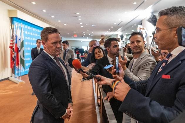 May 7, 2026, New York, New York, USA: Ambassador Michael Waltz of USA speaks to reporters after joint press briefing with Ambassador Jamal Fares Alrowaiei of Bahrain at UN Headquarters in New York, NY on May 7, 2026. They were joined by Ambassadors Mohamed Issa Abushahab of UAE, Abdulaziz M. Alwasil of Saudi Arabia, Alya Ahmed Saif Al-Thani of Qatar and Tareq M. A. M. Albanai of Kuwait. They introduced draft resolution for the Security Council to force Iran to uphold freedom of navigation and trade in the Strait of Hormuz. Draft resolution was introduced after Iran is trying to force shippers to comply with a new protocol for transiting the Strait of Hormuz by paying fees or risk attack by Iranian navy. New York USA - ZUMAr339 20260507_znp_r339_026 Copyright: xLevxRadinx