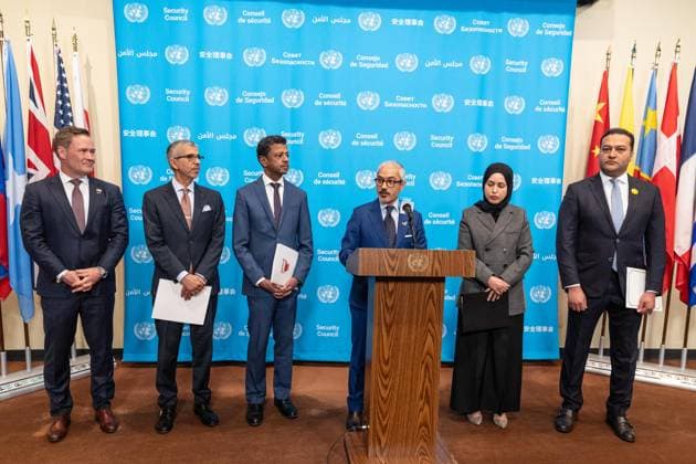 May 7, 2026, New York, New York, USA: Ambassador Mohamed Issa Abushahab of UAE speaks during joint press briefing by Ambassador Jamal Fares Alrowaiei of Bahrain and Ambassador Michael Waltz of USA at UN Headquarters in New York, NY on May 7, 2026. They were joined by Ambassadors Mohamed Issa Abushahab of UAE, Abdulaziz M. Alwasil of Saudi Arabia, Alya Ahmed Saif Al-Thani of Qatar and Tareq M. A. M. Albanai Kuwait. They introduced draft resolution for the Security Council to force Iran to uphold freedom of navigation and trade in the Strait of Hormuz. Draft resolution was introduced after Iran is trying to force shippers to comply with a new protocol for transiting the Strait of Hormuz by paying fees or risk attack by Iranian navy. New York - ZUMAr339 20260507_znp_r339_018 Copyright: xLevxRadinx