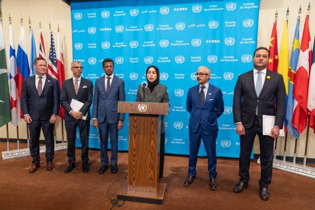 May 7, 2026, New York, New York, USA: Ambassador Alya Ahmed Saif Al-Thani of Qatar speaks during joint press briefing by Ambassador Jamal Fares Alrowaiei of Bahrain and Ambassador Michael Waltz of USA at UN Headquarters in New York, NY on May 7, 2026. They were joined by Ambassadors Mohamed Issa Abushahab of UAE, Abdulaziz M. Alwasil of Saudi Arabia, Alya Ahmed Saif Al-Thani of Qatar and Tareq M. A. M. Albanai Kuwait. They introduced draft resolution for the Security Council to force Iran to uphold freedom of navigation and trade in the Strait of Hormuz. Draft resolution was introduced after Iran is trying to force shippers to comply with a new protocol for transiting the Strait of Hormuz by paying fees or risk attack by Iranian navy. New - ZUMAr339 20260507_znp_r339_020 Copyright: xLevxRadinx