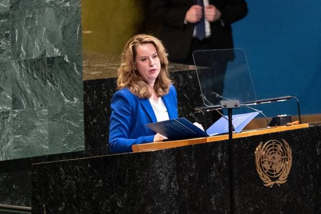 May 7, 2026, Bronx, New York, USA: Amy Pope, Director General, International Organization for Migration, as Coordinator of the United Nations Network on Migration speaks during Second International Migration Review Forum at UN General Assembly Hall at UN Headquarters in New York, NY on May 7, 2026. Bronx USA - ZUMAr339 20260507_znp_r339_007 Copyright: xLevxRadinx