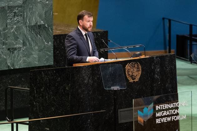 May 7, 2026, Bronx, New York, USA: Denys Uliutin, Minister of Social Policy, Family and Unity of Ukraine speaks during Second International Migration Review Forum at UN General Assembly Hall at UN Headquarters in New York, NY on May 7, 2026. Bronx USA - ZUMAr339 20260507_znp_r339_009 Copyright: xLevxRadinx
