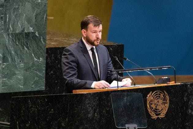 May 7, 2026, Bronx, New York, USA: Denys Uliutin, Minister of Social Policy, Family and Unity of Ukraine speaks during Second International Migration Review Forum at UN General Assembly Hall at UN Headquarters in New York, NY on May 7, 2026. Bronx USA - ZUMAr339 20260507_znp_r339_010 Copyright: xLevxRadinx