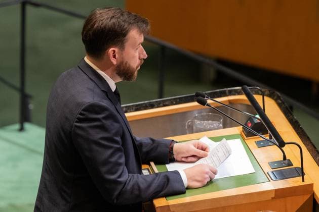 May 7, 2026, Bronx, New York, USA: Denys Uliutin, Minister of Social Policy, Family and Unity of Ukraine speaks during Second International Migration Review Forum at UN General Assembly Hall at UN Headquarters in New York, NY on May 7, 2026. Bronx USA - ZUMAr339 20260507_znp_r339_011 Copyright: xLevxRadinx