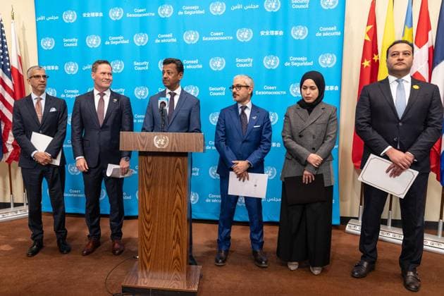 May 7, 2026, New York, New York, USA: Ambassador Jamal Fares Alrowaiei of Bahrain speaks at joint press briefing with Ambassador Michael Waltz of USA at UN Headquarters in New York, NY on May 7, 2026. They were joined by Ambassadors Mohamed Issa Abushahab of UAE, Abdulaziz M. Alwasil of Saudi Arabia, Alya Ahmed Saif Al-Thani of Qatar and Tareq M. A. M. Albanai Kuwait. They introduced draft resolution for the Security Council to force Iran to uphold freedom of navigation and trade in the Strait of Hormuz. Draft resolution was introduced after Iran is trying to force shippers to comply with a new protocol for transiting the Strait of Hormuz by paying fees or risk attack by Iranian navy. New York USA - ZUMAr339 20260507_znp_r339_013 Copyright: xLevxRadinx