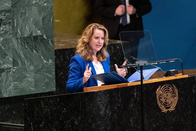 May 7, 2026, Bronx, New York, USA: Amy Pope, Director General, International Organization for Migration, as Coordinator of the United Nations Network on Migration speaks during Second International Migration Review Forum at UN General Assembly Hall at UN Headquarters in New York, NY on May 7, 2026. Bronx USA - ZUMAr339 20260507_znp_r339_006 Copyright: xLevxRadinx