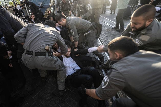 Ultra-Orthodox Jews protest mandatory military service in Jerusalem JERUSALEM - MAY 7: Israeli police use water cannons to disperse Ultra-Orthodox Jewish (Haredi) protesters blocking roads by lying on the ground during a demonstration against the arrest of several yeshiva students over mandatory military service in West Jerusalem on May 7, 2026. Mostafa Alkharouf Anadolu Jerusalem Israel. Editorial use only. Please get in touch for any other usage.  Copyright: x2026xAnadoluxMostafaxAlkharoufx