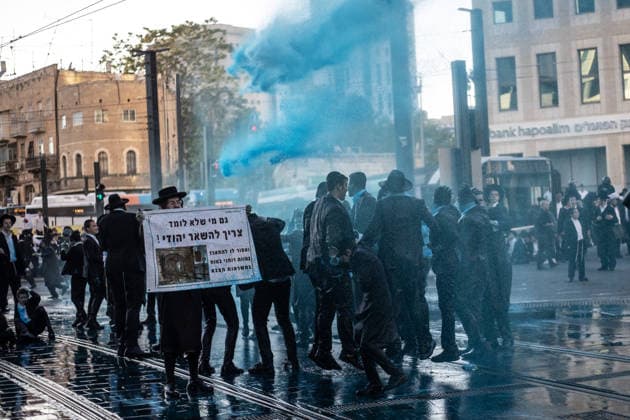 Ultra-Orthodox Jews protest mandatory military service in Jerusalem JERUSALEM - MAY 7: Israeli police use water cannons to disperse Ultra-Orthodox Jewish (Haredi) protesters blocking roads by lying on the ground during a demonstration against the arrest of several yeshiva students over mandatory military service in West Jerusalem on May 7, 2026. Mostafa Alkharouf Anadolu Jerusalem Israel. Editorial use only. Please get in touch for any other usage.  Copyright: x2026xAnadoluxMostafaxAlkharoufx