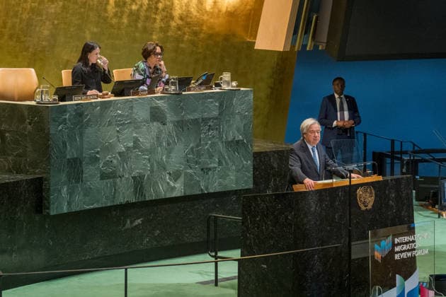 (260507) -- UNITED NATIONS, May 7, 2026 -- UN Secretary-General Antonio Guterres (at podium) speaks at the International Migration Review Forum 2026 at the UN headquarters in New York, on May 7, 2026. Guterres on Thursday warned of the world s collective failure to manage migration. ( UN Photo Handout via Xinhua) UN-INTERNATIONAL MIGRATION REVIEW FORUM-GUTERRES MarkxGarten 
