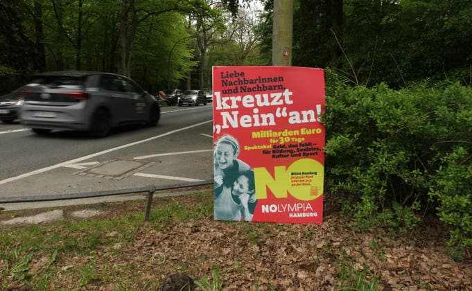 A poster from the NOlympia Hamburg alliance, which is campaigning against Hamburgs bid to host the Olympic Games, was attached to a lamppost in Hamburgs Stadtpark Winterhude Hamburg