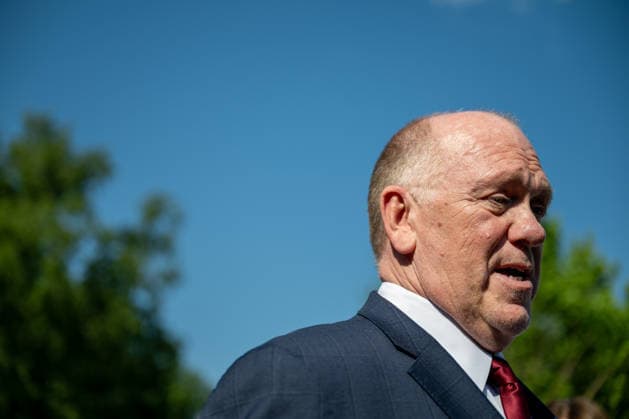 Tom Homan, White House border czar, speaks during a television interview outside the White House in Washington, DC, on Thursday, May 7, 2026. New York s push to limit state cooperation with federal immigration authorities will trigger a surge in enforcement activity, with more agents deployed into communities and an increase in arrests beyond initial targets, Homan said earlier this week.  WAX20260507205 DanielxHeuer