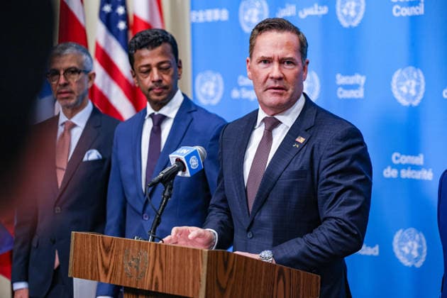 May 7, 2026, New York, New York, USA: AMBASSADOR MIKE WALTZ, U.S. Representative to the United Nations, and AMBASSADOR JAMAL FARES ALROWAIEI, Permanent Representative of Bahrain to the United Nations in the background, speaks to the press at UNHQ on a draft Security Council resolution concerning the Strait of Hormuz. They were joined by representatives of the UAE, Saudi Arabia, Qatar and Kuwait in calling for freedom of navigation and maritime security in the strait. New York USA  - ZUMAo116 20260507_znp_o116_040 Copyright: xBiancaxOterox