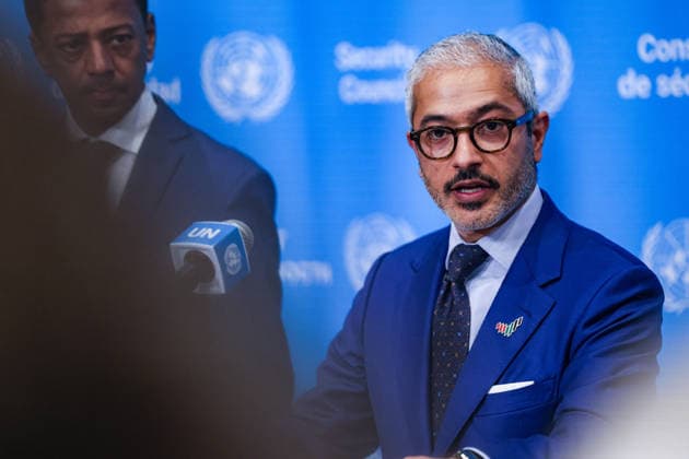 May 7, 2026, New York, New York, USA: MOHAMED ISSA ABUSHAHAB UAE Permanent Ambassador to the UN, speaks to the press at UNHQ on a draft Security Council resolution concerning the Strait of Hormuz. They were joined by representatives of the UAE, Saudi Arabia, Qatar and Kuwait in calling for freedom of navigation and maritime security in the strait. New York USA  - ZUMAo116 20260507_znp_o116_063 Copyright: xBiancaxOterox