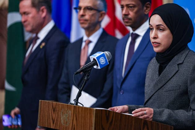 May 7, 2026, New York, New York, USA: Ambassador ALYA AHMED SAIF AL-THANI, Permanent Representative of Qatar to the United Nationsspeaks to the press at UNHQ on a draft Security Council resolution concerning the Strait of Hormuz. They were joined by representatives of the UAE, Saudi Arabia, Qatar and Kuwait in calling for freedom of navigation and maritime security in the strait. New York USA  - ZUMAo116 20260507_znp_o116_065 Copyright: xBiancaxOterox
