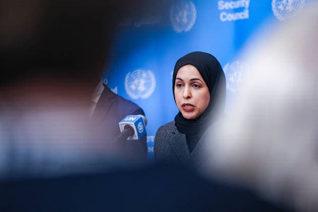 May 7, 2026, New York, New York, USA: Ambassador ALYA AHMED SAIF AL-THANI, Permanent Representative of Qatar to the United Nationsspeaks to the press at UNHQ on a draft Security Council resolution concerning the Strait of Hormuz. They were joined by representatives of the UAE, Saudi Arabia, Qatar and Kuwait in calling for freedom of navigation and maritime security in the strait. New York USA - ZUMAo116 20260507_znp_o116_066 Copyright: xBiancaxOterox