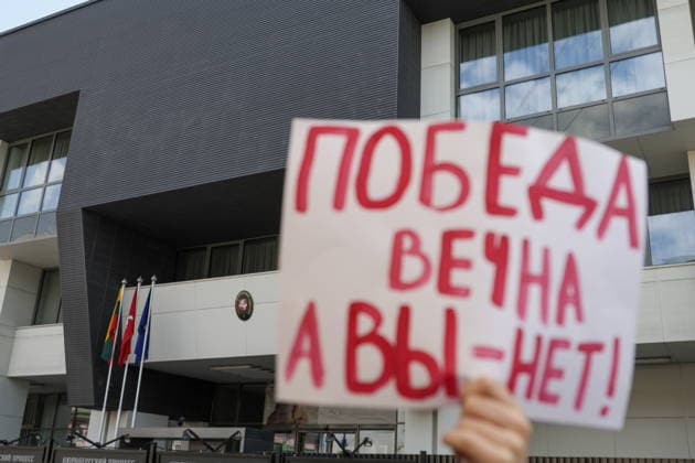 RUSSIA, MOSCOW - MAY 7, 2026: A sign reading The Victory is eternal, you are not! is pictured during an event titled You Cannot Cancel Truth and Memory! in front of the Lithuanian Embassy Moscow Russia  - ZUMAt113 20260507_zaa_t113_061 Copyright: xMikhailxSinitsynx