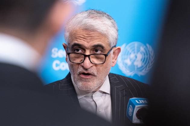 May 7, 2026, New York, New York, USA: Ambassador Amir Saeid Iravani of Iran speaks to reporters at UN Headquarters in New York, NY on May 7, 2026 after representatives of Bahrain, USA and joining them Saudi Arabia, UAE, Qatar and Kuwait introduced draft resolution for the Security Council to force Iran to uphold freedom of navigation and trade in the Strait of Hormuz. Draft resolution was introduced after Iran is trying to force shippers to comply with a new protocol for transiting the Strait of Hormuz by paying fees or risk attack by Iranian navy. New York USA  - ZUMAr339 20260507_znp_r339_060 Copyright: xLevxRadinx