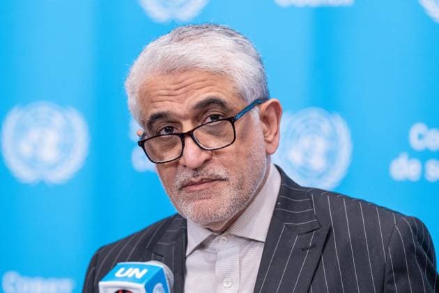 May 7, 2026, New York, New York, USA: Ambassador Amir Saeid Iravani of Iran speaks to reporters at UN Headquarters in New York, NY on May 7, 2026 after representatives of Bahrain, USA and joining them Saudi Arabia, UAE, Qatar and Kuwait introduced draft resolution for the Security Council to force Iran to uphold freedom of navigation and trade in the Strait of Hormuz. Draft resolution was introduced after Iran is trying to force shippers to comply with a new protocol for transiting the Strait of Hormuz by paying fees or risk attack by Iranian navy. New York USA - ZUMAr339 20260507_znp_r339_057 Copyright: xLevxRadinx