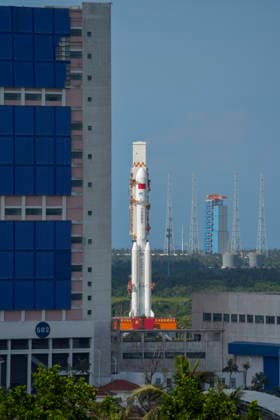 WENCHANG, CHINA - MAY 08: The combination of the Tianzhou-10 cargo craft and a Long March 7 carrier rocket is vertically transferred to the launching area at Wenchang Spacecraft Launch Site on May 8, 2026 in Wenchang, Hainan Province of China. The cargo spacecraft will be launched at a proper time in the near future.  Copyright: xVCGx 111639958522