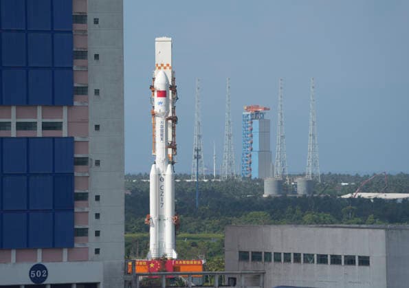 WENCHANG, CHINA - MAY 08: The combination of the Tianzhou-10 cargo craft and a Long March 7 carrier rocket is vertically transferred to the launching area at Wenchang Spacecraft Launch Site on May 8, 2026 in Wenchang, Hainan Province of China. The cargo spacecraft will be launched at a proper time in the near future.  Copyright: xVCGx 111639958521