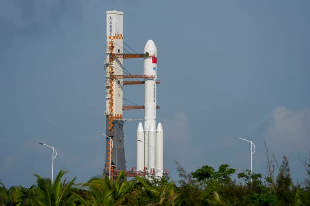 WENCHANG, CHINA - MAY 08: The combination of the Tianzhou-10 cargo craft and a Long March 7 carrier rocket is vertically transferred to the launching area at Wenchang Spacecraft Launch Site on May 8, 2026 in Wenchang, Hainan Province of China. The cargo spacecraft will be launched at a proper time in the near future.  Copyright: xVCGx 111639958516