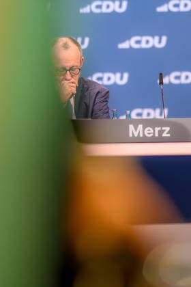 20 02 2026, Friedrich Merz CDU 20 02 2026, Federal Chancellor Friedrich Merz during the party conference The 38th party conference of the CDU Germany will take place on February 20 and 21, 2026 at Messe Stuttgart The agenda includes the election of the Federal Executive Committee and the personnel orientation of the CDU as well as the subst