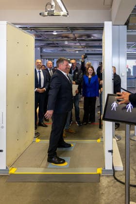 Opening of the new CT checkpoint at Nuremberg Airport, Nuremberg, 08 05 2026 Christian Bernreiter, Bavarian State Minister for Housing, Construction and Transport, stands at the new CT checkpoint at Nuremberg Airport Nuremberg Bavaria Germany during a tour of the millimeter wave-based body scanner from Rohde Schwarz 20260508-286A6909-M4000