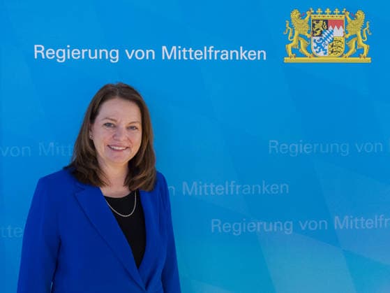 Opening of the new CT checkpoint at Nuremberg Airport, Nuremberg, 08 05 2026 Dr. Kerstin Engelhardt Blum, President of the Government of Middle Franconia, at the opening of the new CT checkpoint at Nuremberg Airport in front of a wall of the Government of Middle Franconia Nuremberg Bavaria Germany 20260508-286A6962-M4000-2