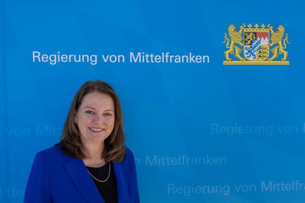 Opening of the new CT checkpoint at Nuremberg Airport, Nuremberg, 08 05 2026 Dr. Kerstin Engelhardt Blum, President of the Government of Middle Franconia, at the opening of the new CT checkpoint at Nuremberg Airport in front of a wall of the Government of Middle Franconia Nuremberg Bavaria Germany 20260508-286A6962-M4000