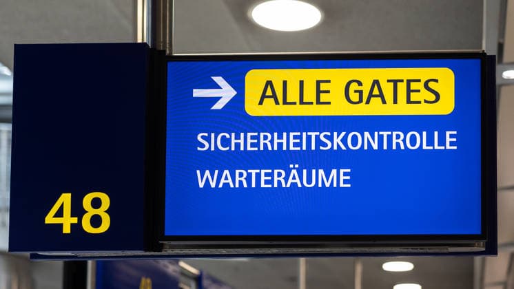 Opening of the new CT checkpoint at Nuremberg Airport, Nuremberg, 08 05 2026 Digital sign for security checks and waiting areas at Nuremberg Airport The sign shows passengers the way to all gates Nuremberg Bavaria Germany 20260508-286A6975-M4000