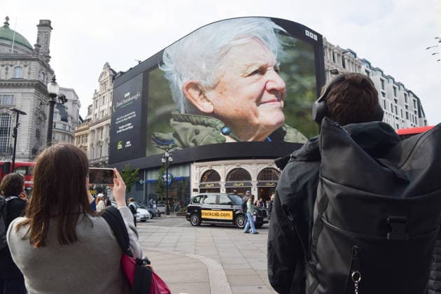 May 8, 2026, London, England, United Kingdom: The Piccadilly Lights screen in Piccadilly Circus displays a tribute from BBC as broadcaster, writer, conservationist and natural historian David Attenborough turns 100. London United Kingdom - ZUMAv130 20260508_zip_v130_008 Copyright: xVukxValcicx