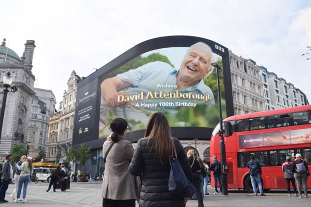 May 8, 2026, London, England, United Kingdom: The Piccadilly Lights screen in Piccadilly Circus displays a tribute from BBC as broadcaster, writer, conservationist and natural historian David Attenborough turns 100. London United Kingdom - ZUMAv130 20260508_zip_v130_009 Copyright: xVukxValcicx