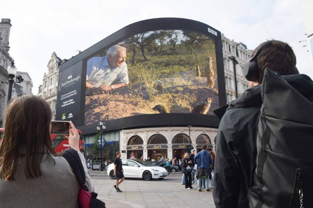 May 8, 2026, London, England, United Kingdom: The Piccadilly Lights screen in Piccadilly Circus displays a tribute from BBC as broadcaster, writer, conservationist and natural historian David Attenborough turns 100. London United Kingdom  - ZUMAv130 20260508_zip_v130_010 Copyright: xVukxValcicx