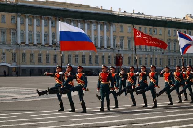 Russia Regions WWII Victory Day Parade 9160278 09.05.2026 Flag bearers march before a military parade on Victory Day, marking the 81st anniversary of the victory over Nazi Germany in World War Two, in Vladivostok, Russia. Alexei Danichev Sputnik St. Petersburg Russia  Copyright: xAlexeixDanichevx