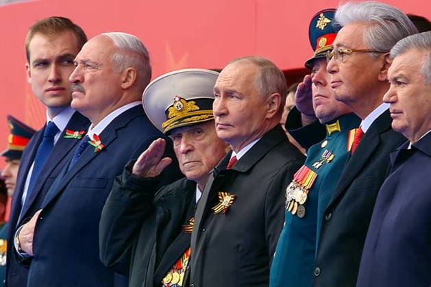 RUSSIA, MOSCOW - MAY 9, 2026: Presidents Shavkat Mirziyoyev of Uzbekistan, Kassym-Jomart Tokayev of Kazakhstan (R-L), Vladimir Putin (C) of Russia, and Alexander Lukashenko (2nd L) of Belarus attend a military parade in Red Square on Victory Day to mark 81 years since the victory of the Soviet Union over Nazi Germany in the Great Patriotic War, Eastern Front of World War II. Video screen grab. Best quality available. TASS  92218908