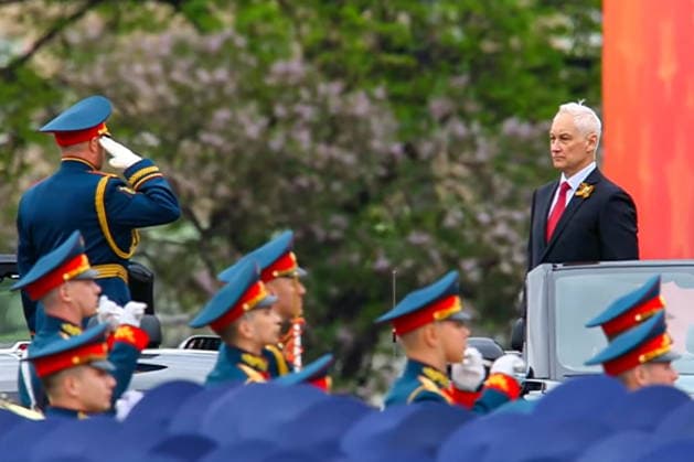 RUSSIA, MOSCOW - MAY 9, 2026: Andrei Belousov (R), Defence Minister of Russia, takes part in a military parade in Red Square on Victory Day to mark 81 years since the victory of the Soviet Union over Nazi Germany in the Great Patriotic War, Eastern Front of World War II. Video screen grab. Best quality available. TASS  92218913