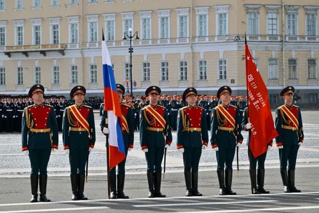 Russia Regions WWII Victory Day Parade 9160309 09.05.2026 Flag bearers stand at attention before a military parade on Victory Day, marking the 81st anniversary of the victory over Nazi Germany in World War Two, in St. Petersburg, Russia. Alexei Danichev Sputnik St. Petersburg Russia  Copyright: xAlexeixDanichevx