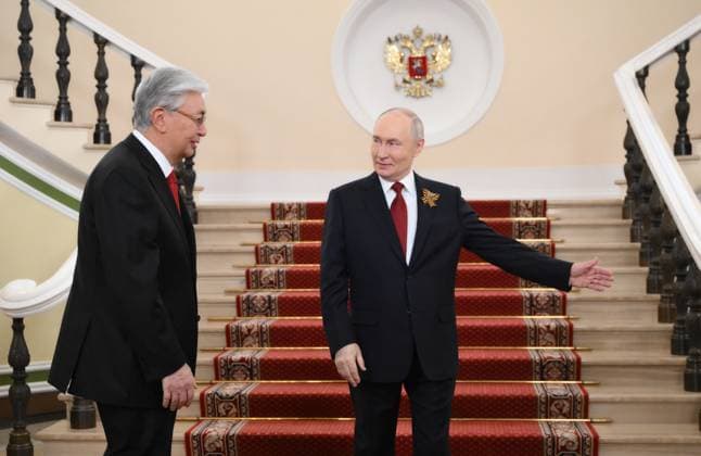 Russia WWII Victory Day Parade Foreign Delegations 9160308 09.05.2026 Kazakh President Kassym-Jomart Tokayev is welcomed by Russian President Vladimir Putin on Victory Day, marking the 81st anniversary of the victory over Nazi Germany in World War Two, at the Kremlin in Moscow, Russia. Grigory Sysoev Sputnik Moscow Russia  Copyright: xGrigoryxSysoevx