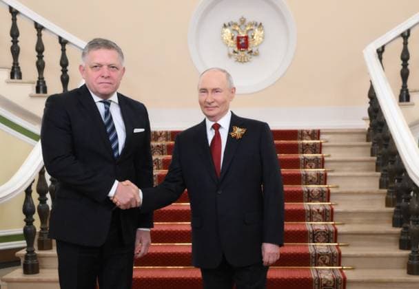 Russia WWII Victory Day Parade Foreign Delegations 9160326 09.05.2026 Slovak Prime Minister Robert Fico is welcomed by Russian President Vladimir Putin on Victory Day, marking the 81st anniversary of the victory over Nazi Germany in World War Two, at the Kremlin in Moscow, Russia. Grigory Sysoev Sputnik Moscow Russia  Copyright: xGrigoryxSysoevx