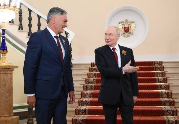 Russia WWII Victory Day Parade Foreign Delegations 9160338 09.05.2026 President of Republika Srpska Sinisa Karan is welcomed by Russian President Vladimir Putin on Victory Day, marking the 81st anniversary of the victory over Nazi Germany in World War Two, at the Kremlin in Moscow, Russia. Grigory Sysoev Sputnik Moscow Russia  Copyright: xGrigoryxSysoevx