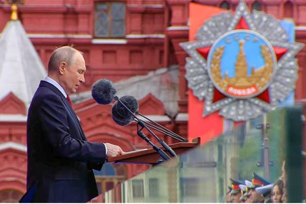 RUSSIA, MOSCOW - MAY 9, 2026: Vladimir Putin, President of Russia, speaks during a military parade in Red Square on Victory Day to mark 81 years since the victory of the Soviet Union over Nazi Germany in the Great Patriotic War, Eastern Front of World War II. Video screen grab. Best quality available. TASS  92218971