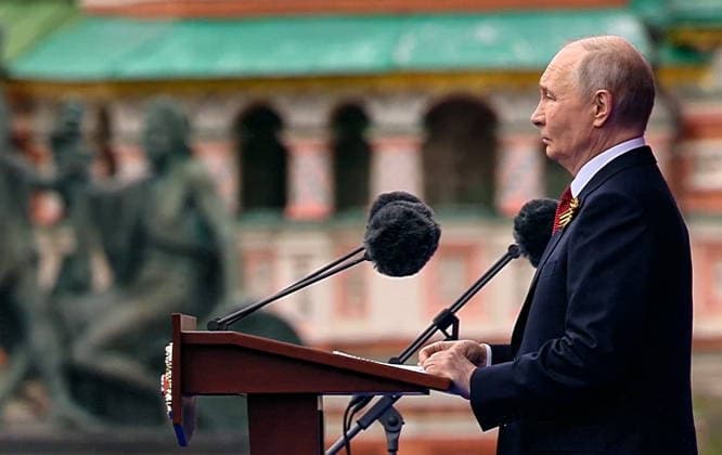 RUSSIA, MOSCOW - MAY 9, 2026: Vladimir Putin, President of Russia, speaks during a military parade in Red Square on Victory Day to mark 81 years since the victory of the Soviet Union over Nazi Germany in the Great Patriotic War, Eastern Front of World War II. Video screen grab. Best quality available. TASS  92218972